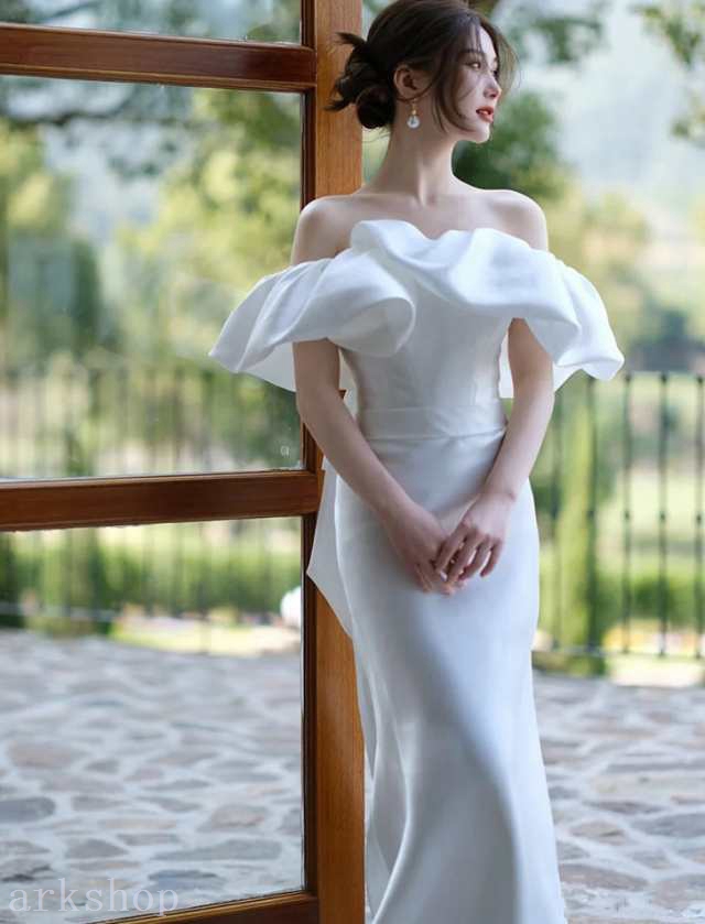 ウェディングドレス マーメイド トレーン ウェディングドレス 袖あり オフショルダー ドレス マキシ丈 大きいサイズ 3L 白 花嫁 ドレス