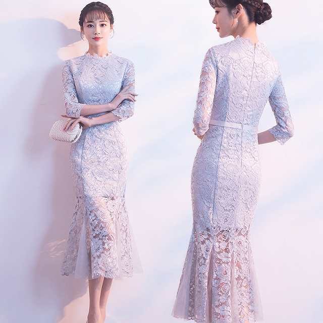 結婚式 お呼ばれドレス 総レース 袖あり ワンピースドレス マーメイド シースルー 大きいサイズ 3L 4L 韓国パーティードレス