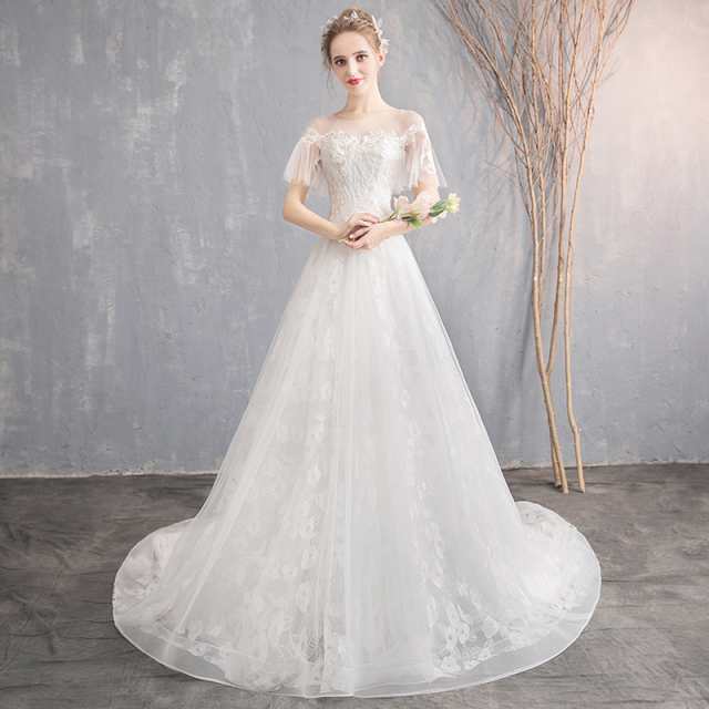 ウェディングドレス 白 結婚式 二次会 花嫁 ドレス ロングドレス 袖あり トレーン 刺繍 オフショルダー 大きいサイズ レースアップ 3L 4L