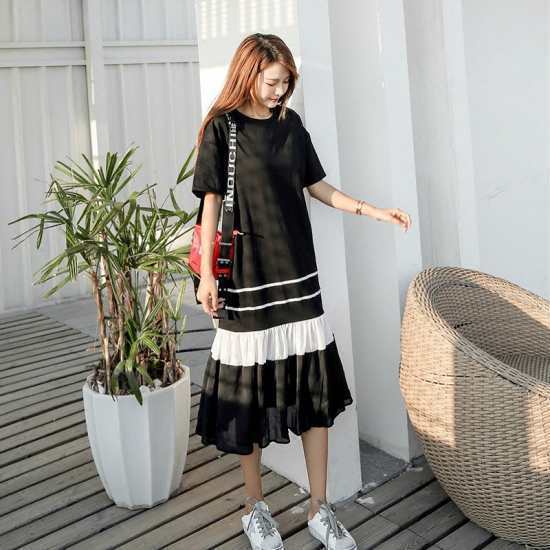韓国 ファッション レディースワンピ モノトーンワンピース ミモレ丈スカート 大人っぽい 裾シースルー 大きめサイズ K0392